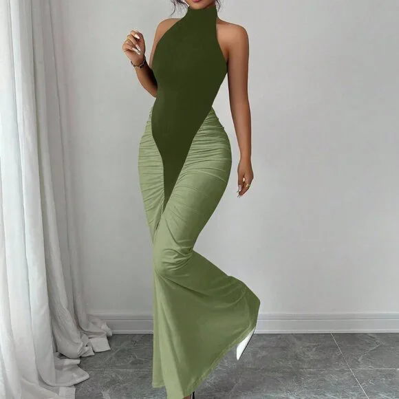 Army Green Elegant Women's Halter Neck Color Block Cinched Waist Fishtail Dress - Picture 3 of 6